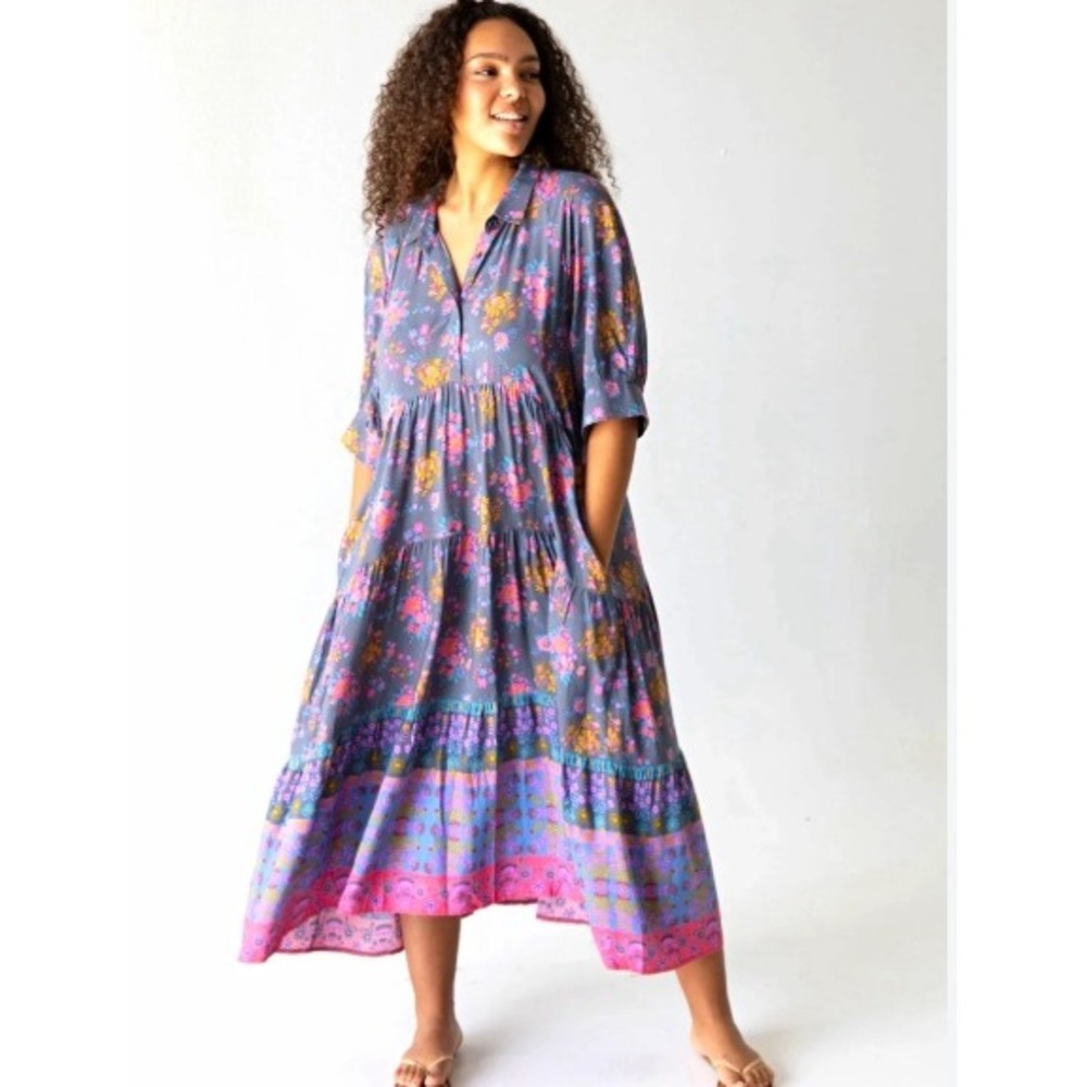 Natural Life Women XXL Rebecca Midi Dress Charcoal Blue Floral Boho Tiered